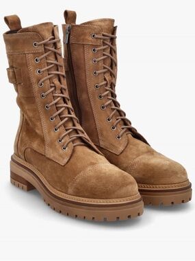 DANIEL IDRIS Suede Lace-Up Combat Boots in Tan. size 9